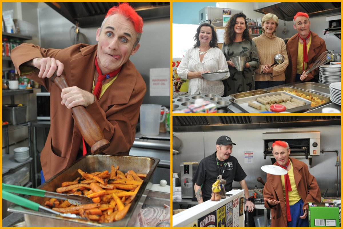 A collage of images of Tweedy helping out in the kitchen with Cheltenham Open Door team.